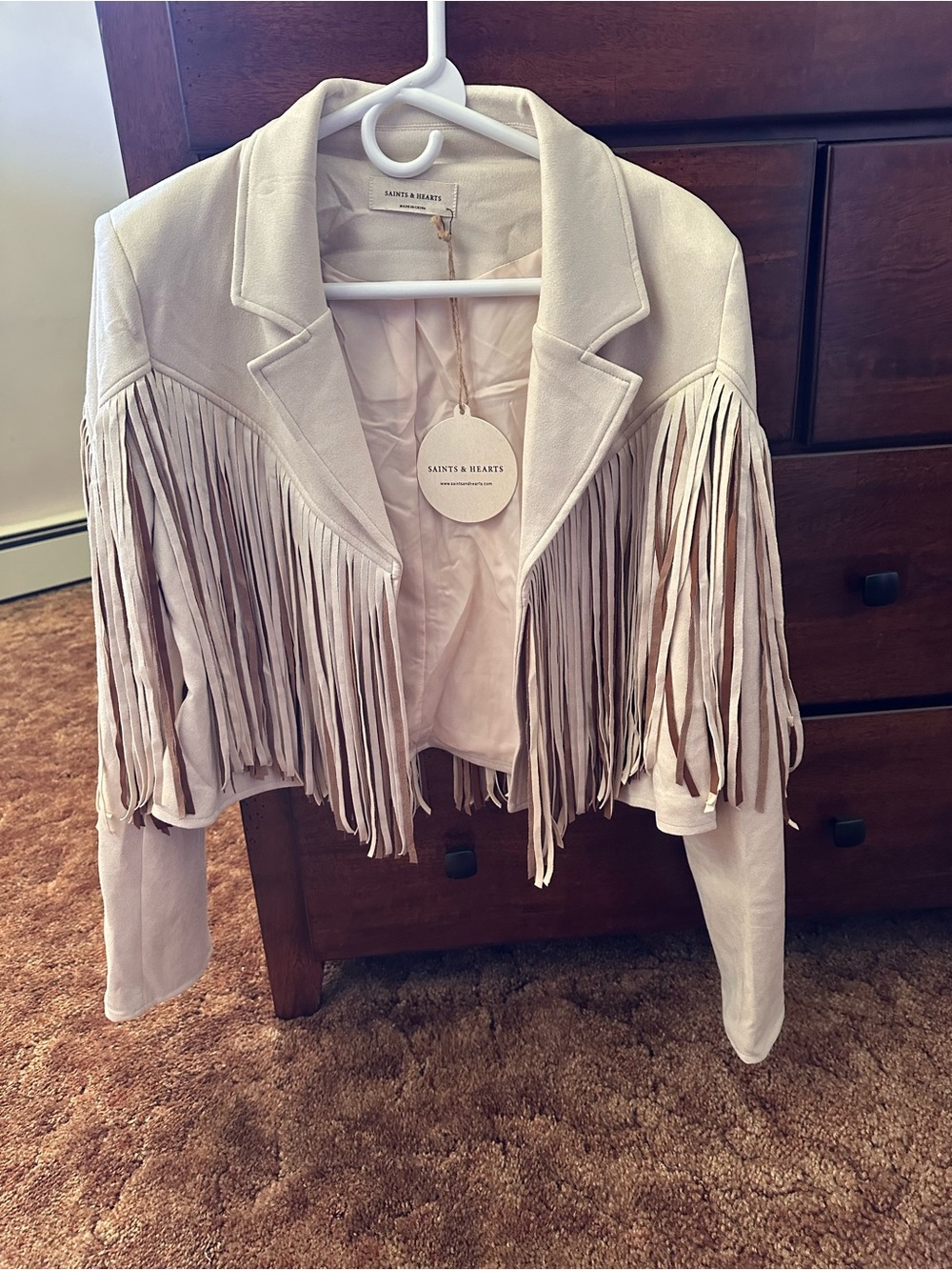 Fringed Suede Jacket in Cream and Tan - Picture 2 of 4